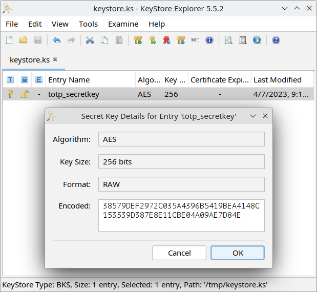 Screenshot of KeyStore Explorer showing the encryption key
