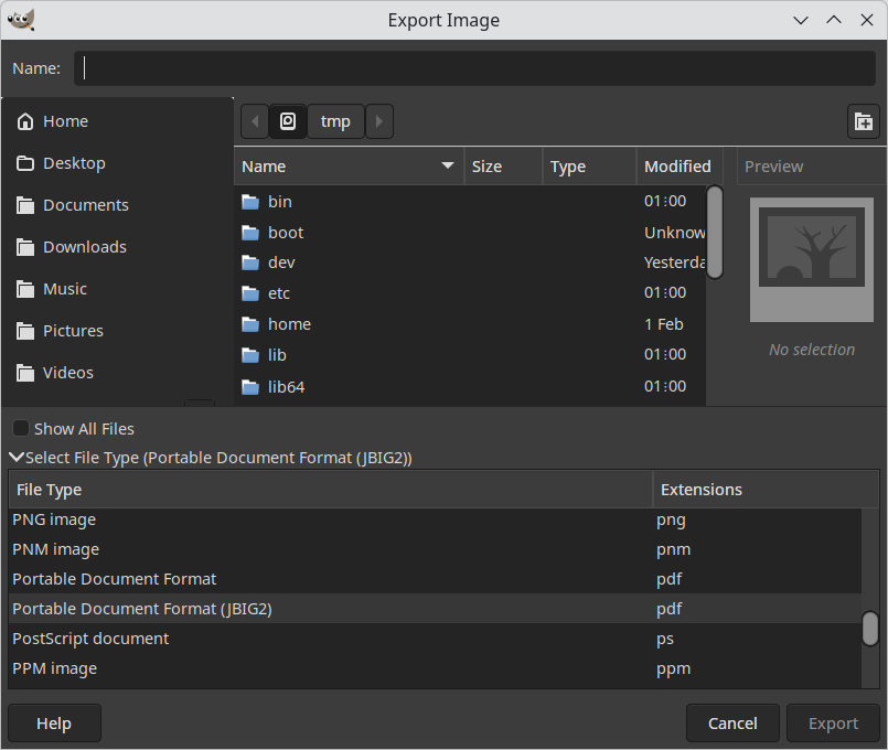 GIMP Export As dialog showing JBIG2 format option